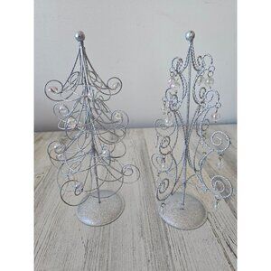 Metal silver glitter beaded mini tree Xmas decor forest village
